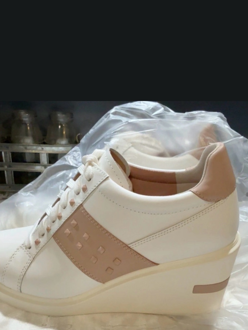 New Paolo White and Light Beige Wedge Sneakers